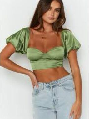 Satin Puff-Sleeve Crop Top - Olive Green